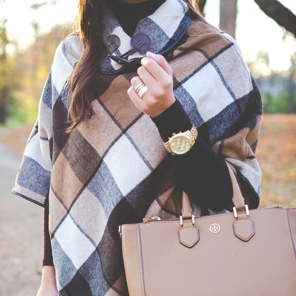 Fall Checkered Gingham Plaid Cape Poncho - Picture 2 of 5
